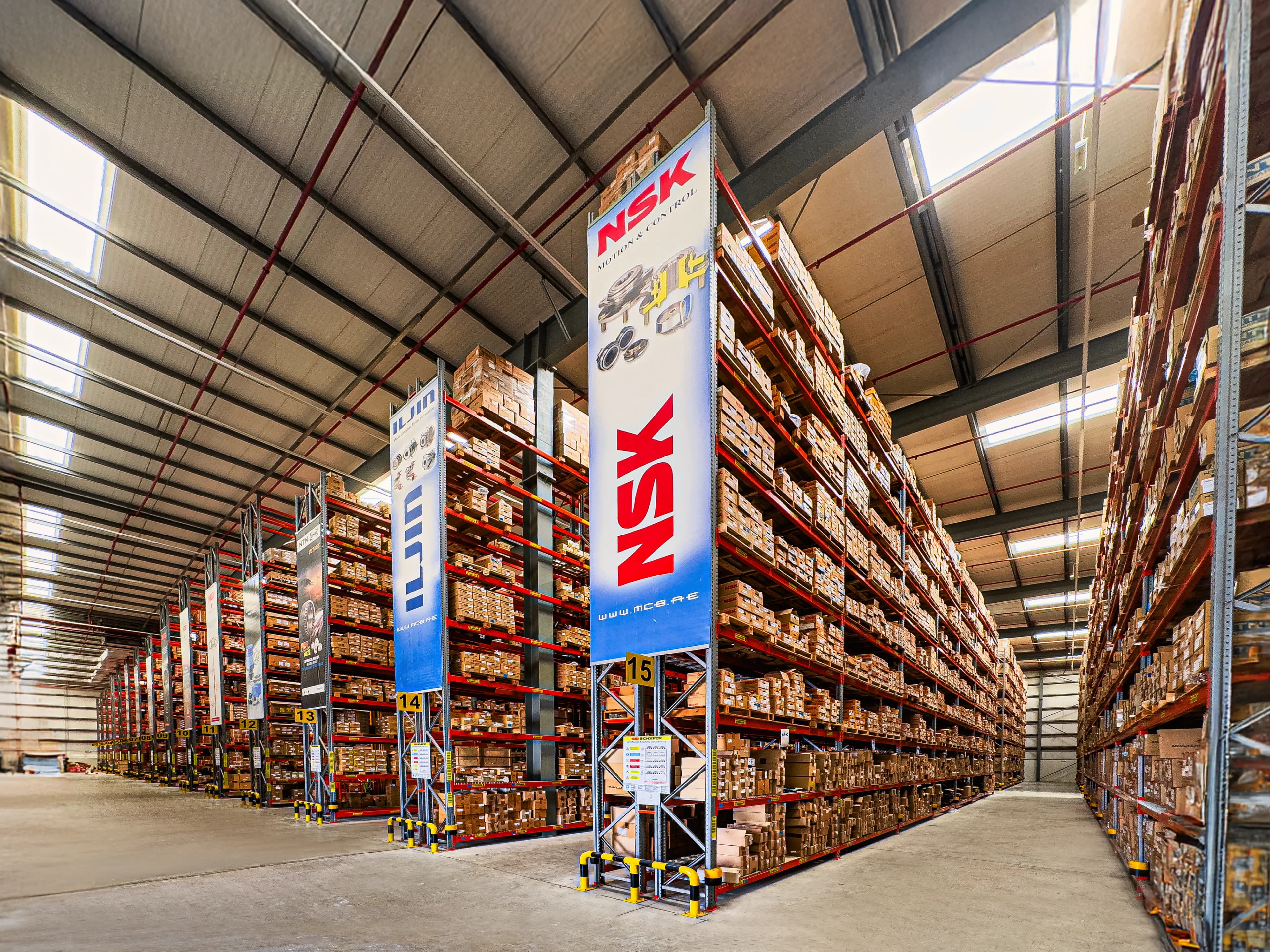 MCB Jebel Ali warehouse, bearings stocked on shelves
